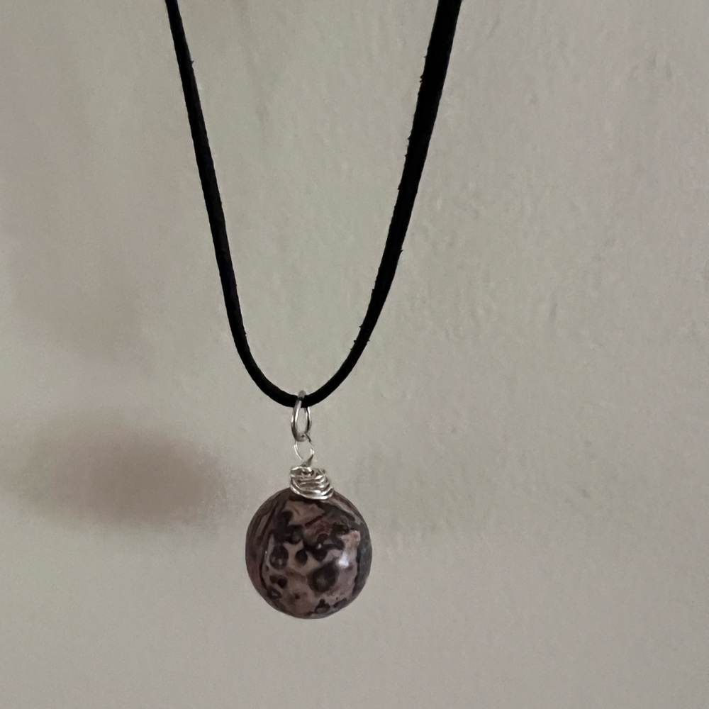 New Leopard Jasper sphere necklace on black faux suede cord